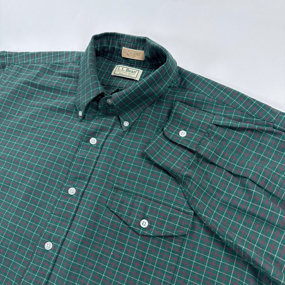 Vintage LL Bean Mens Shirt 17.5 35 Green Plaid Button Down Made in USA Preppy